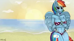 Size: 1024x576 | Tagged: abs, anthro, artist:malamol, beach, big breasts, bikini, breasts, busty rainbow dash, cleavage, clothes, derpibooru import, female, lip bite, ocean, rainbow dash, solo, solo female, suggestive, sun, swimsuit