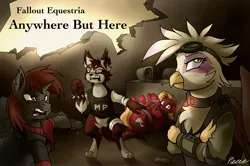 Size: 2663x1763 | Tagged: safe, artist:whitepone, derpibooru import, oc, oc:double tap, oc:leaf marine, oc:paharita, oc:raspberry tart, unofficial characters only, diamond dog, earth pony, gryphon, hellhound, pony, unicorn, fallout equestria, fallout equestria: anywhere but here, bomb collar, bondage, collar, fanfic art, female, goggles, mare, on back, rope, scrunchy face, tied up