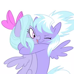 Size: 500x500 | Tagged: safe, artist:hajuya, derpibooru import, cloudchaser, flitter, pegasus, pony, cute, cutechaser, eyes closed, flitterbetes, hug, open mouth, simple background, smiling, spread wings