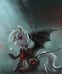 Size: 1280x1524 | Tagged: safe, artist:verard87, derpibooru import, oc, oc:weiss, unofficial characters only, bat pony, cyborg, pony, cyberpunk, science fiction, solo