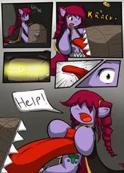 Size: 1024x1424 | Tagged: suggestive, artist:oakenchi, derpibooru import, oc, unofficial characters only, mimic, pony, comic, dark souls, imminent vore, tongue out, treasure chest