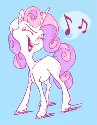 Size: 400x515 | Tagged: artist:deepfriedrainbows, derpibooru import, ear fluff, eyes closed, hooves, music notes, safe, singing, solo, speech bubble, sweetie belle, unshorn fetlocks