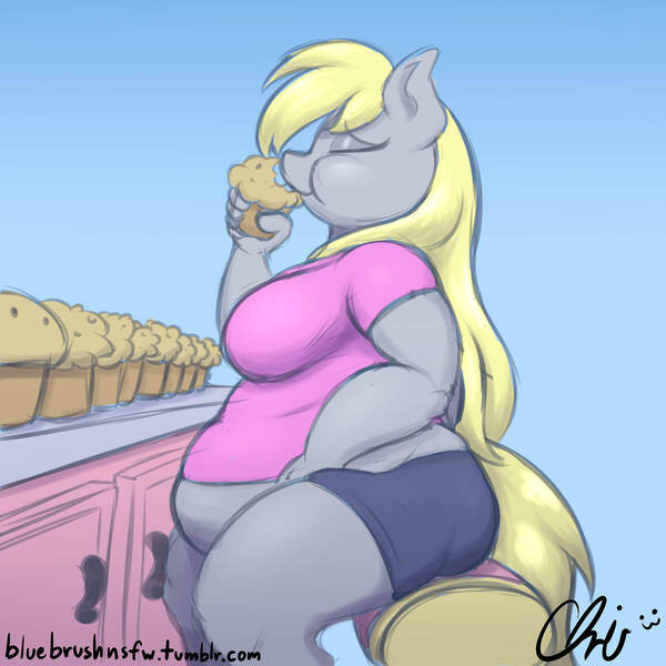 Size: 1280x1280 | Tagged: aderpose, anthro, artist:nekocrispy, bbw, clothes, derpibooru import, derpy hooves, derpy taste tester, eating, eyes closed, fat, muffin, muffin top, obese, safe, sequence, shirt, shorts, sitting, solo, weight gain, weight gain sequence