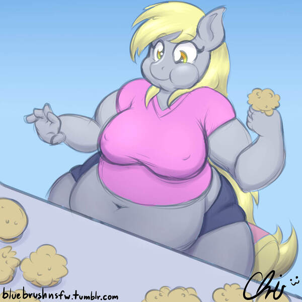 Size: 1280x1280 | Tagged: aderpose, anthro, artist:nekocrispy, bbw, belly button, clothes, derpibooru import, derpy hooves, derpy taste tester, fat, morbidly obese, muffin, muffin top, obese, safe, sequence, shirt, shorts, solo, weight gain, weight gain sequence