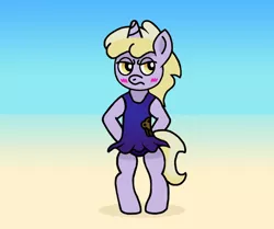 Size: 892x744 | Tagged: safe, artist:gogglesparks, derpibooru import, dinky hooves, pony, unicorn, bipedal, blushing, clothes, cute, embarrassed, one-piece swimsuit, solo, sukumizu, swimsuit