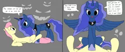 Size: 2594x1092 | Tagged: 2 panel comic, all the mares tease butterscotch, artist:mspaint, bad touch, butterscotch, comic, derpibooru import, dream, dream walker luna, fluttershy, molestation, on back, pov, princess luna, rule 63, sexual harassment, suggestive