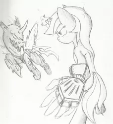 Size: 1420x1556 | Tagged: safe, artist:spackle, derpibooru import, lyra heartstrings, changeling, pony, bipedal, fight, gauntlet, hand, magic, magic hands, monochrome, traditional art