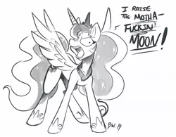 Size: 1280x1000 | Tagged: safe, artist:bluntwhiskey, derpibooru import, princess luna, alicorn, pony, female, mare, monochrome, solo, swearing, traditional royal canterlot voice, vulgar, yelling
