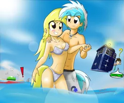 Size: 7087x5906 | Tagged: suggestive, artist:ryured, derpibooru import, derpy hooves, doctor whooves, spike, time turner, oc, oc:frost star, human, shark, absurd resolution, belly button, bikini, blood, breasts, canon x oc, cleavage, clothes, cutie mark swimsuit, derpy hooves gets all the stallions, doctor who, exclamation point, female, gray swimsuit, humanized, human spike, ocean, swimsuit, tailed humanization, tardis, topless