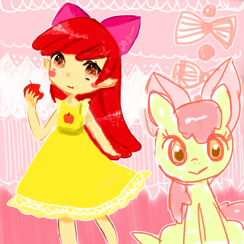 Size: 500x500 | Tagged: apple, apple bloom, artist:julia, derpibooru import, eating, human, humanized, pixiv, safe, solo