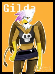 Size: 941x1280 | Tagged: suggestive, artist:filtrandez, derpibooru import, gilda, anthro, gryphon, abs, belly button, breasts, cleavage, clothes, female, fishnets, image, jpeg, looking at you, midriff, miniskirt, muscles, muscular female, simple background, skirt, solo, solo female, tanktop