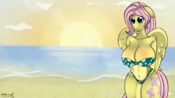 Size: 1024x576 | Tagged: anthro, artist:malamol, beach, belly button, big breasts, bikini, breasts, busty fluttershy, cleavage, clothes, derpibooru import, female, fluttershy, hips, ocean, solo, solo female, suggestive, sun, swimsuit, thighs