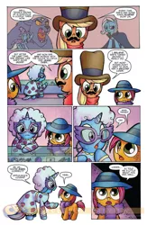 Size: 900x1384 | Tagged: alicorn amulet, applejack, artist:agnesgarbowska, babs seed, boast busters, clothes, derpibooru import, disguise, flashback, glasses, hat, idw, magic duel, moustache, preview, rarity, safe, scarf, spoiler:comic, spoiler:comic22, trixie, ursa minor, wig