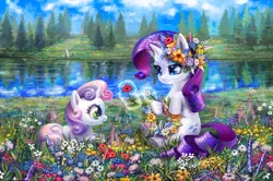 Size: 1000x665 | Tagged: safe, artist:son-trava, derpibooru import, rarity, sweetie belle, oc, oc:marussia, ponified, earth pony, pony, unicorn, beautiful, color porn, fishing, floral head wreath, flower, grass, lake, magic, meadow, nation ponies, outdoors, prone, russia, scenery, sisters, sitting, water