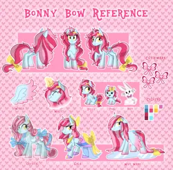 Size: 2551x2503 | Tagged: safe, artist:kaji-tanii, derpibooru import, oc, oc:bonny bow, unofficial characters only, alicorn, crystal pony, pony, rabbit, alicorn oc, colored wings, gradient wings, reference sheet, wet mane