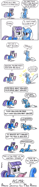 Size: 400x1887 | Tagged: suggestive, artist:foudubulbe, derpibooru import, maud pie, trixie, pony, comic:damp rocks, asmr, book, comic, eargasm, female, floppy ears, gritted teeth, hoof hold, legs in air, lesbian, mauxie, open mouth, poetry, raised hoof, reading, shipping, shivering, side, sitting, smiling, spread legs, traditional art, tsundere, tsunderixie, underhoof, wavy mouth, wide eyes