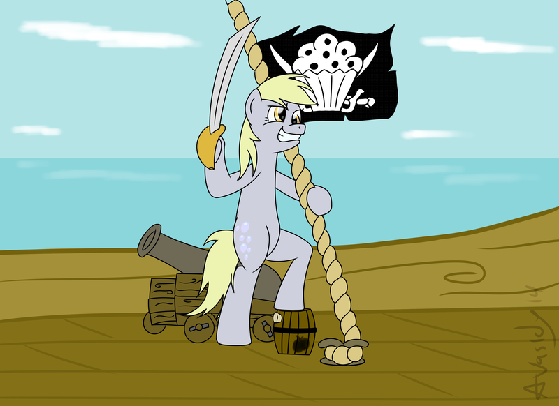 Size: 3508x2552 | Tagged: safe, artist:avastindy, derpibooru import, derpy hooves, pegasus, pony, cannon, female, flag, mare, muffin, pirate, pirate derpy, pirate ship, rope, solo, sword