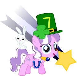 Size: 1944x1915 | Tagged: safe, artist:magerblutooth, derpibooru import, angel bunny, diamond tiara, ladybug, pony, clover, female, filly, four leaf clover, hat, horseshoes, lucky, shooting star, simple background, solo, transparent background, vector