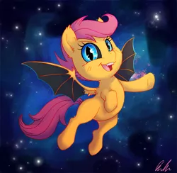 Size: 772x755 | Tagged: safe, artist:c-puff, derpibooru import, scootaloo, bat pony, pony, bat ponified, race swap, scootabat, scootaloo can fly, solo, space, stars, student of the night