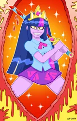 Size: 572x900 | Tagged: semi-grimdark, artist:curtsibling, derpibooru import, twilight sparkle, equestibooru girls, equestria girls, blood, evil, evil grin, fangs, nazi, queen twilight, solo, swastika, sword, tyrant sparkle