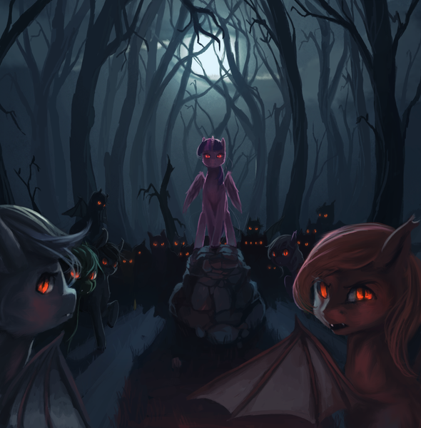 Size: 3000x3053 | Tagged: safe, artist:fruitbloodmilkshake, derpibooru import, twilight sparkle, twilight sparkle (alicorn), bat pony, pony, vampire, vampony, dark, fanfic art, fangs, forest, glowing eyes, high res, looking at you, meeting, moon, night, race swap