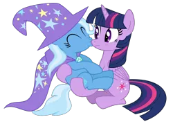 Size: 8388x6000 | Tagged: safe, artist:masem, derpibooru import, trixie, twilight sparkle, twilight sparkle (alicorn), alicorn, pony, .svg available, absurd resolution, blushing, carrying, eyes closed, female, frown, holding, kissing, lesbian, mare, shipping, simple background, sitting, surprise kiss, surprised, transparent background, twixie, vector