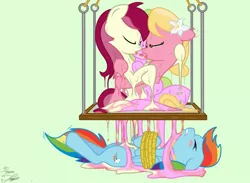 Size: 1095x800 | Tagged: suggestive, artist:niggerfaggot, derpibooru import, edit, daisy, flower wishes, lily, lily valley, rainbow dash, roseluck, goo pony, original species, pegasus, pony, blushing, bondage, female, fetish, flower trio, kissing, lesbian, mare, melting, shipping, surreal, this will end in death, tongue out, wat