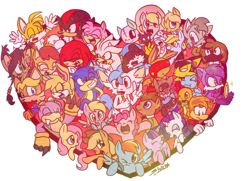 Size: 1000x746 | Tagged: safe, artist:sonicsketch, derpibooru import, applejack, derpy hooves, doctor whooves, fluttershy, pinkie pie, rainbow dash, rarity, time turner, twilight sparkle, twilight sparkle (alicorn), alicorn, changeling, charmander, pony, riolu, totodile, zigzagoon, amy rose, antoine d'coolette, archie comics, bunnie rabbot, chipple, crossover, cute, female, freedom fighters, guntz, heart, klonoa, knuckles the echidna, lupe, lupe wolf, mane six, mare, miles "tails" prower, nicole, nicole the holo-lynx, pokémon, pokémon mystery dungeon, rayman, rotor walrus, sally acorn, shadow the hedgehog, silver the hedgehog, sonic the hedgehog, sonic the hedgehog (series)