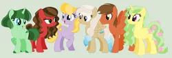 Size: 1317x448 | Tagged: safe, artist:princess-madeleine, derpibooru import, oc, oc:autumn spice, oc:bluebell breeze, oc:cheershine, oc:chili snap, oc:spearmint, oc:woodland spring, unofficial characters only, earth pony, pegasus, pony, unicorn, friends, friendship, group, group photo, group shot, ms paint, simple background, smiling