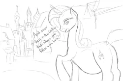 Size: 1719x1135 | Tagged: artist:patch, belly, canterlot, derpibooru import, looking back, monochrome, pregnant, raised hoof, rarity, safe, sketch, smiling, solo, tour