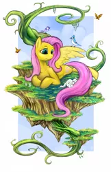 Size: 3300x5100 | Tagged: absurd resolution, angel bunny, artist:hobbes-maxwell, bird, butterfly, floating island, fluttershy, lying, safe, solo