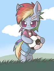 Size: 1200x1600 | Tagged: safe, artist:anchor, derpibooru import, rainbow dash, pegasus, pony, semi-anthro, bandage, bipedal, clothes, cute, equestria girls outfit, female, filly, filly rainbow dash, football, grass, grass field, looking at you, mare, pixiv, solo, younger