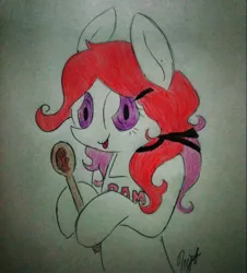 Size: 867x960 | Tagged: safe, artist:miss-racco0n, derpibooru import, oc, unofficial characters only, earth pony, pony, apron, clothes, fondue drizzle, hairband, solo, spoon, traditional art