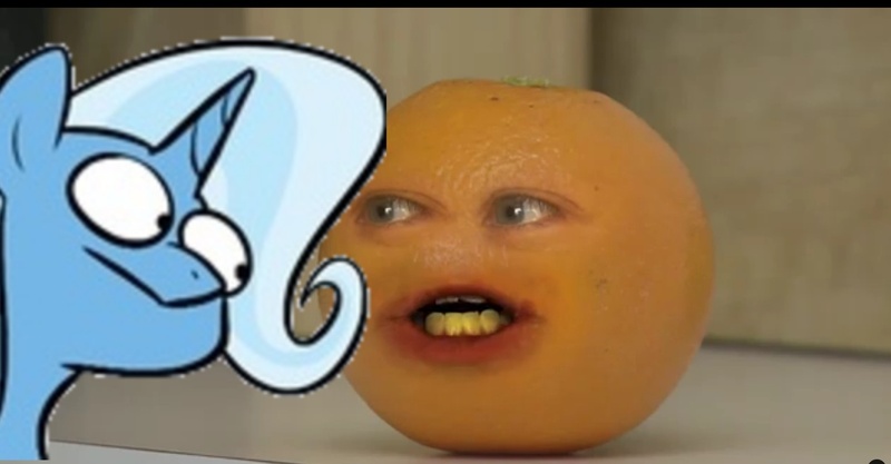 Size: 1512x789 | Tagged: annoying orange, artist:egophiliac, crossover, derpibooru import, inconvenient trixie, photoshop, safe, trixie, wat, what now, woonoggles