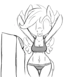 Size: 428x502 | Tagged: anthro, artist:tg-0, belly button, bra, bra on pony, button, cleavage, clothes, derpibooru import, female, monochrome, panties, safe, scootaloo, solo, sports bra, thigh gap, underwear