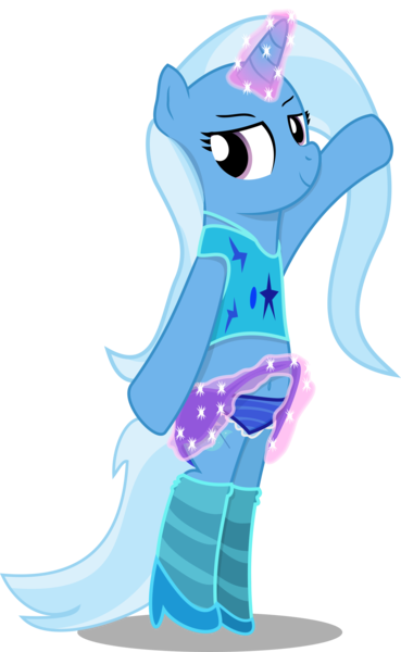 Size: 3480x5663 | Tagged: suggestive, artist:bigdream64, derpibooru import, trixie, pony, belly, belly button, bipedal, clothes, female, frilly underwear, high heels, magic, midriff, panties, skirt, skirt lift, socks, solo, solo female, striped socks, striped underwear, underwear, upskirt, vector