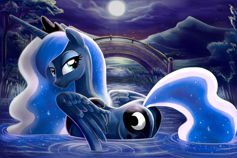 Size: 1200x800 | Tagged: suggestive, artist:yulyeen, derpibooru import, princess luna, alicorn, pony, bathing, beautiful, bedroom eyes, bridge, cute, female, looking at you, looking back, lunabetes, moon, moonbutt, night, plot, praise the moon, smiling, solo, solo female, spread wings, swanluna, sweet dreams fuel, water, wet