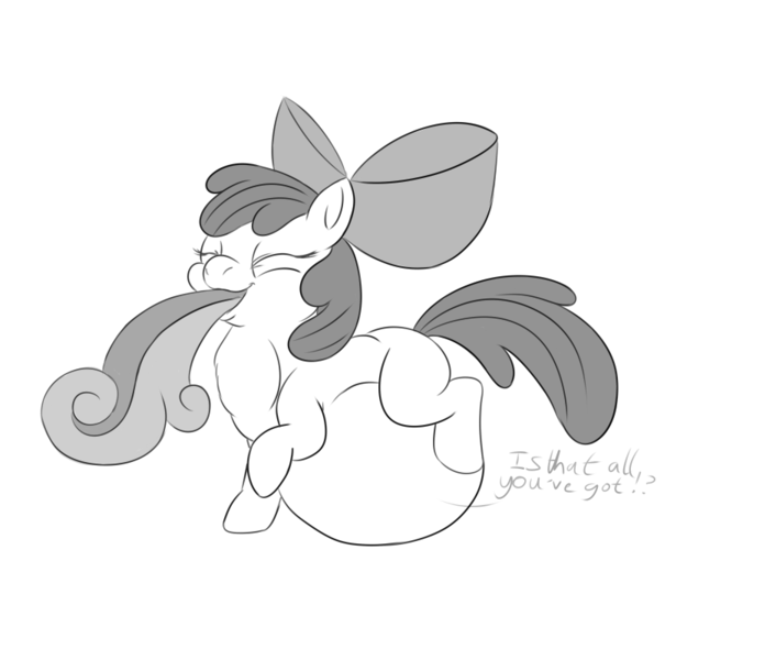 Size: 941x800 | Tagged: apple bloom, artist:meepymaybelle, belly, derpibooru import, fetish, impossibly large belly, monochrome, predbloom, questionable, swallowing, sweetie belle, throat bulge, vore