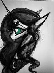 Size: 1694x2258 | Tagged: safe, artist:luted, derpibooru import, princess luna, grayscale, monochrome, portrait, profile, solo, traditional art