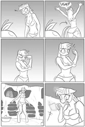 Size: 708x1059 | Tagged: anthro, apple, artist:clock-face, belly button, book, bra, breast expansion, breasts, butt expansion, cleavage, clothes, comic, comic:twilight botches big time, derpibooru import, dialogue, female, giant anthro, giantess, growth, library, macro, magic, monochrome, panties, suggestive, twilight botches big time, twilight sparkle, underwear, unguligrade anthro, wide hips