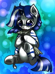 Size: 773x1034 | Tagged: artist:eloise-chan, bandage, belly, clothes, cute, derpibooru import, filly, magic, oc, oc:umbra, open mouth, safe, shadow magic, sitting, solo, underhoof, unofficial characters only, zebracorn