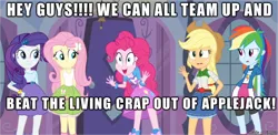 Size: 610x297 | Tagged: safe, derpibooru import, applejack, fluttershy, pinkie pie, rainbow dash, rarity, equestria girls, abuse, jackabuse, meme, oh crap, pinkie has a crazy idea, this will end in tears, this will not end well