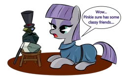 Size: 1358x844 | Tagged: artist:hip-indeed, derpibooru import, dialogue, hat, maud pie, monocle, monocle and top hat, moustache, rocky, safe, solo, top hat