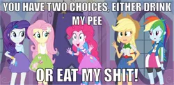 Size: 1024x499 | Tagged: suggestive, derpibooru import, edit, edited screencap, screencap, applejack, fluttershy, pinkie pie, rainbow dash, rarity, equestria girls, caption, image macro, implied piss drinking, implied scat, implied watersports, meme, pinkie has a crazy idea