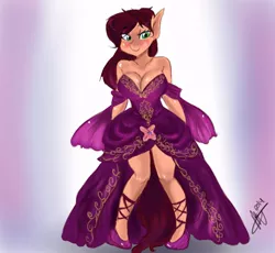 Size: 746x686 | Tagged: anthro, anthro oc, artist:mrscurlystyles, blushing, breasts, cleavage, clothes, cute, derpibooru import, dress, female, gradient background, looking at you, oc, oc:rubinya, solo, solo female, suggestive, unofficial characters only