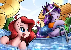 Size: 1330x940 | Tagged: artist:secret-pony, blue eyes, derpibooru import, female, goggles, inner tube, oc, oc:iridescent, oc:seabreeze, pouting, purple mane, red mane, safe, swimming, swimming pool, tsundere, unofficial characters only, water, water slide