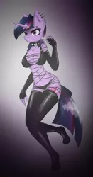 Size: 780x1486 | Tagged: suggestive, artist:ninjapony, derpibooru import, twilight sparkle, anthro, plantigrade anthro, belly button, bra, breasts, busty twilight sparkle, cleavage, clothes, collar, ear piercing, evening gloves, eyebrow piercing, female, fingerless elbow gloves, fingerless gloves, gloves, gradient background, image, latex, latex bra, latex gloves, latex stockings, long gloves, looking forward, metal, midriff, panties, piercing, png, raised arm, raised leg, shoulder fluff, solo, solo female, spiked collar, stockings, underwear
