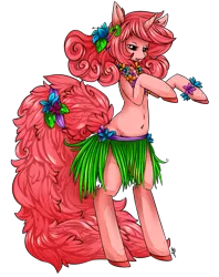 Size: 2233x2813 | Tagged: safe, artist:tiki-sama, derpibooru import, oc, oc:tiki, unofficial characters only, pony, unicorn, belly button, bipedal, clothes, grass skirt, hula, hula dancing, skirt, solo