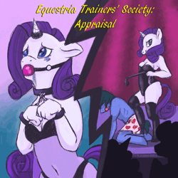 Size: 1800x1800 | Tagged: anthro, arms are chained to the collar, artist needed, ballgag, bdsm, belly button, bondage, boxers, bra, breasts, chains, cleavage, clothes, collar, crying, cuffs, derpibooru import, drool, equestria trainers society, fanfic, fanfic art, female, femdom, femsub, gag, heart, heart print underwear, horn ring, leotard, magic suppression, panties, raridom, rarity, riding crop, shackles, slave, submissive, suggestive, switch (bdsm), thigh highs, underwear