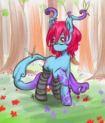Size: 600x700 | Tagged: safe, artist:tiki-sama, derpibooru import, oc, oc:cteno, unofficial characters only, bug pony, hybrid, insect, original species, pony, clothes, dappled, female, flower, forest, get, glasses, index get, looking at you, mare, monster mare, mouth hold, nature, raised hoof, socks, solo, striped socks